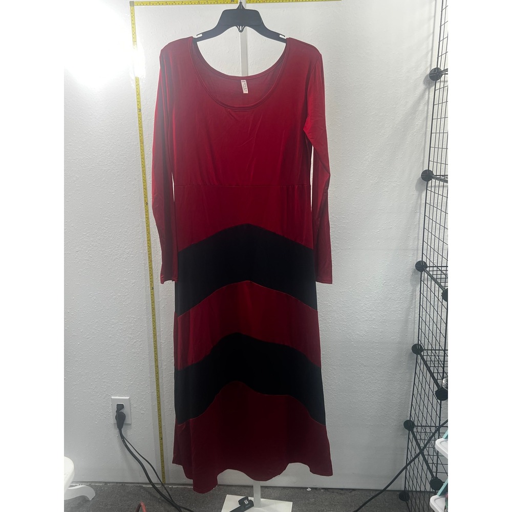 Design By Korea Red Black Color Block Chevron Maxi Dress Long Sleeve XXL